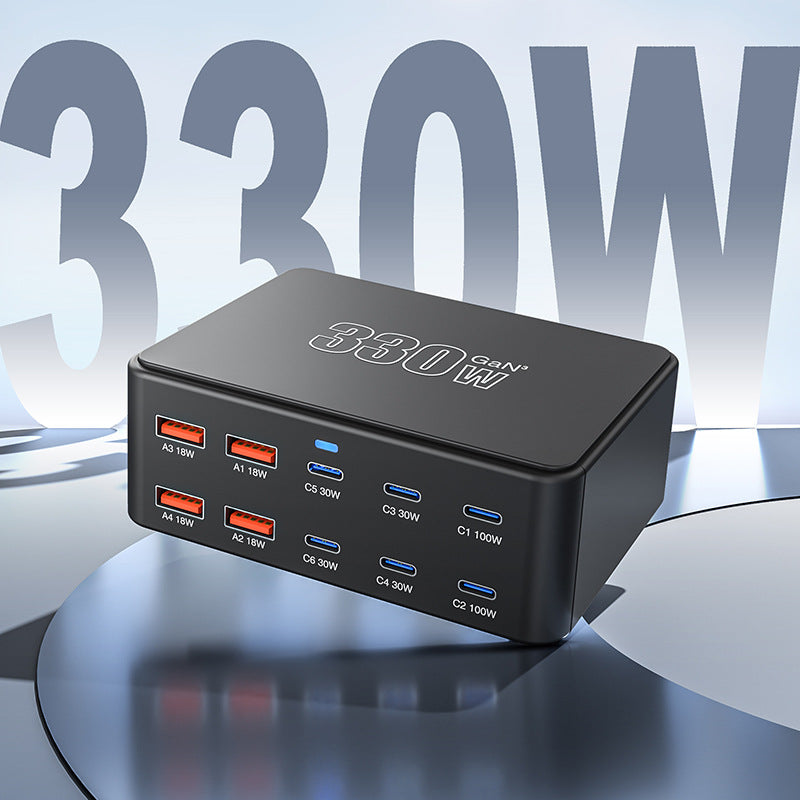 330W USB Charging station with 10 Ports, PD 100W, 65W, 45W, 30W, 20W, 18W, USB-C GaN III Charger, Fast charger for Laptop und Smartphone, MacBook Pro/Air, Dell XPS, Hp, iPhone, Samsung Galaxy S23,S24,S25