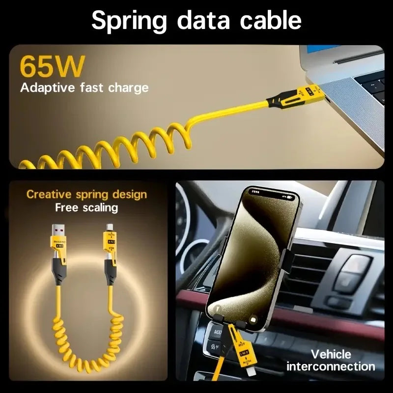 65W 4-in-1 Retractable Cable - Spring Design for Tangle-Free Charging (USB C/Micro/Lightning)