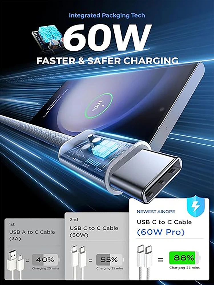 60W Fast Charge USB C Cable for iPhone and Samsung - PD Compatible Type C Charging Cord