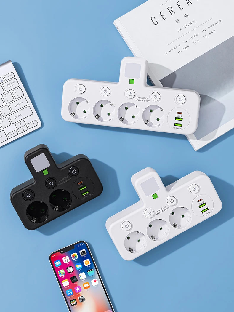 Smart 4-Socket EU Power Strip - with USB Charging, Individual Switches & Wall Mountable Design
