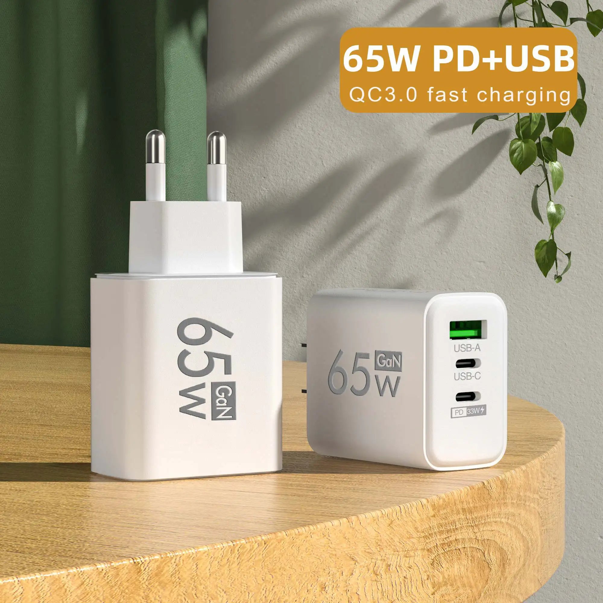 65W GaN USB C Fast Charger with Power Delivery - 3 Port PD Adapter for MacBook, iPhone, Samsung