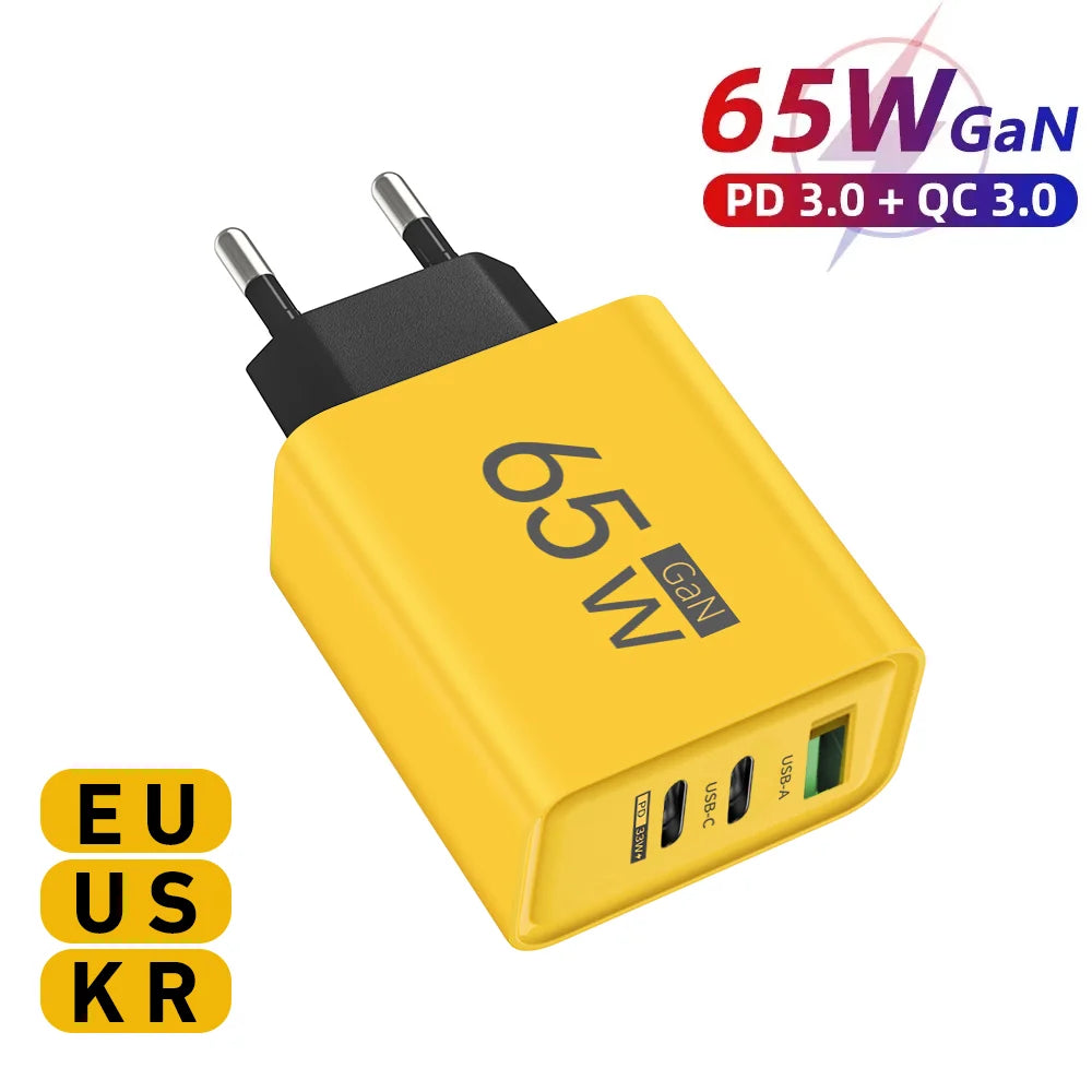 65W GaN USB C Fast Charger with Power Delivery - 3 Port PD Adapter for MacBook, iPhone, Samsung