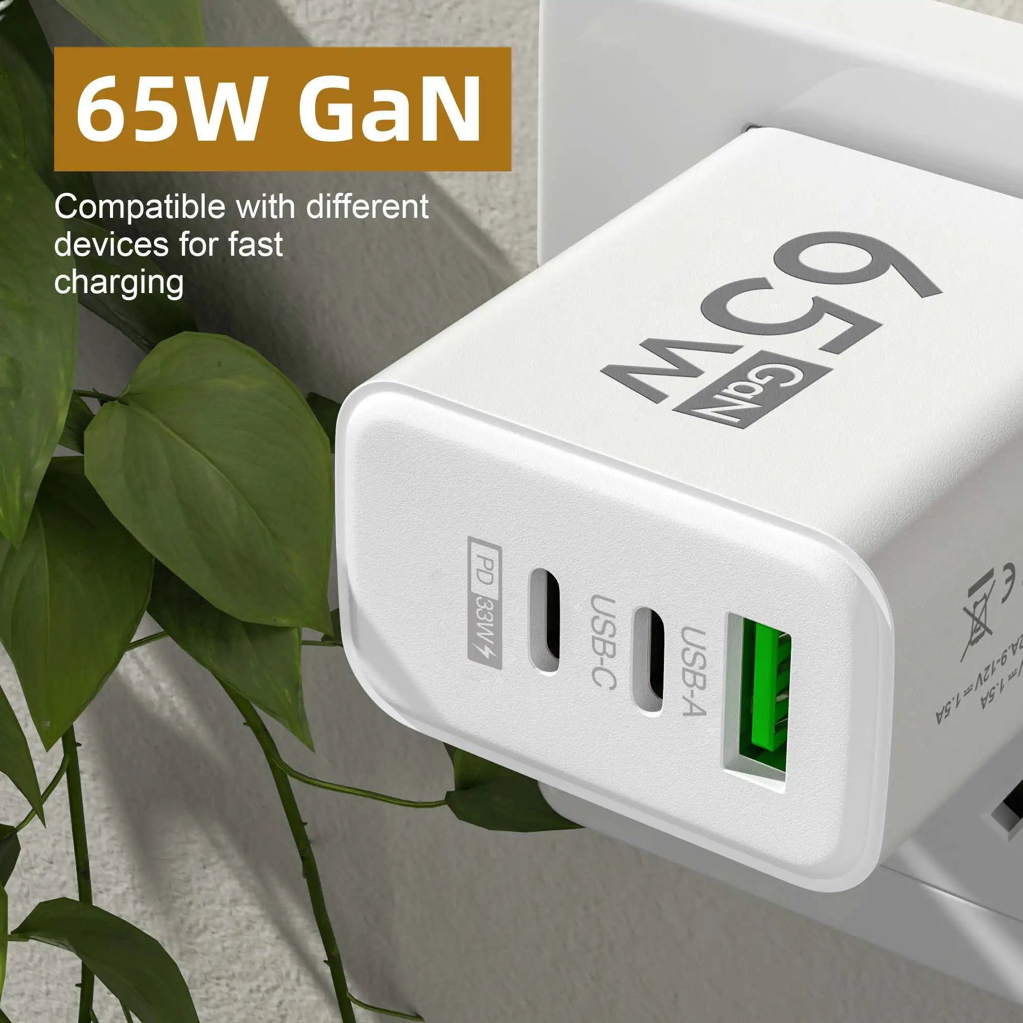 65W GaN USB C Fast Charger with Power Delivery - 3 Port PD Adapter for MacBook, iPhone, Samsung