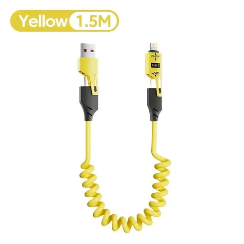 65W 4-in-1 Retractable Cable - Spring Design for Tangle-Free Charging (USB C/Micro/Lightning)