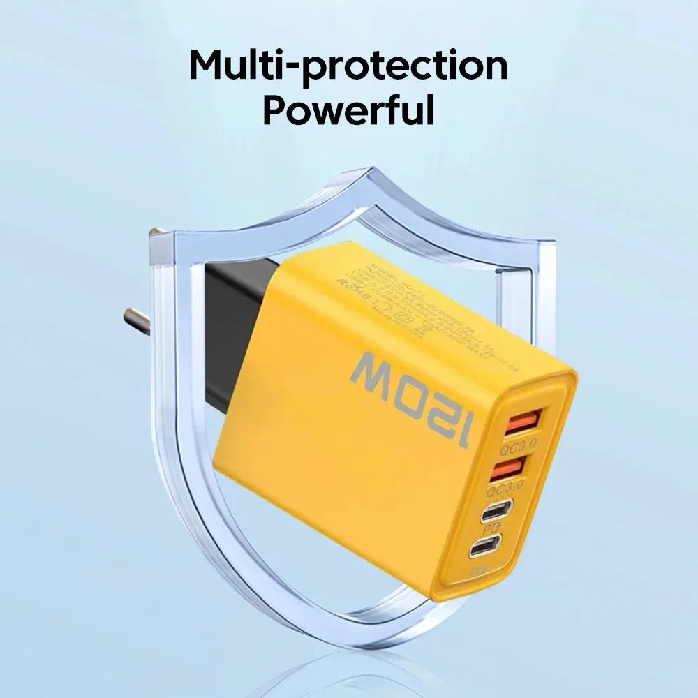 Universal 120W USB Charger Station - 4 Port Multi Device Wall Adapter with Type C Fast Charge