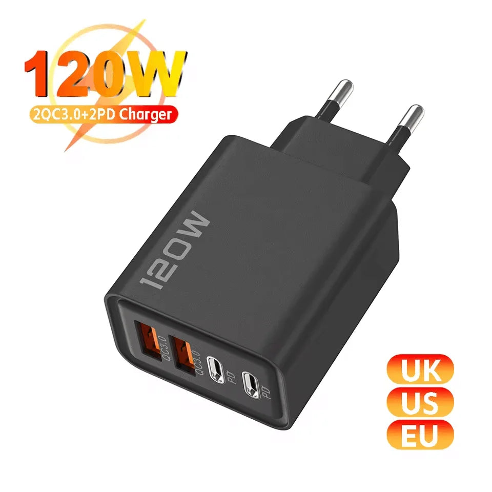 Universal 120W USB Charger Station - 4 Port Multi Device Wall Adapter with Type C Fast Charge