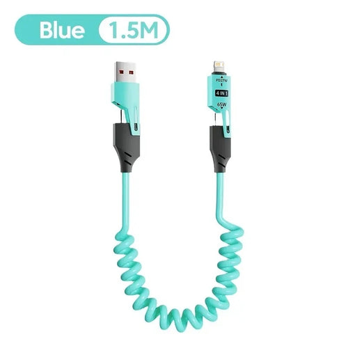 65W 4-in-1 Retractable Cable - Spring Design for Tangle-Free Charging (USB C/Micro/Lightning)