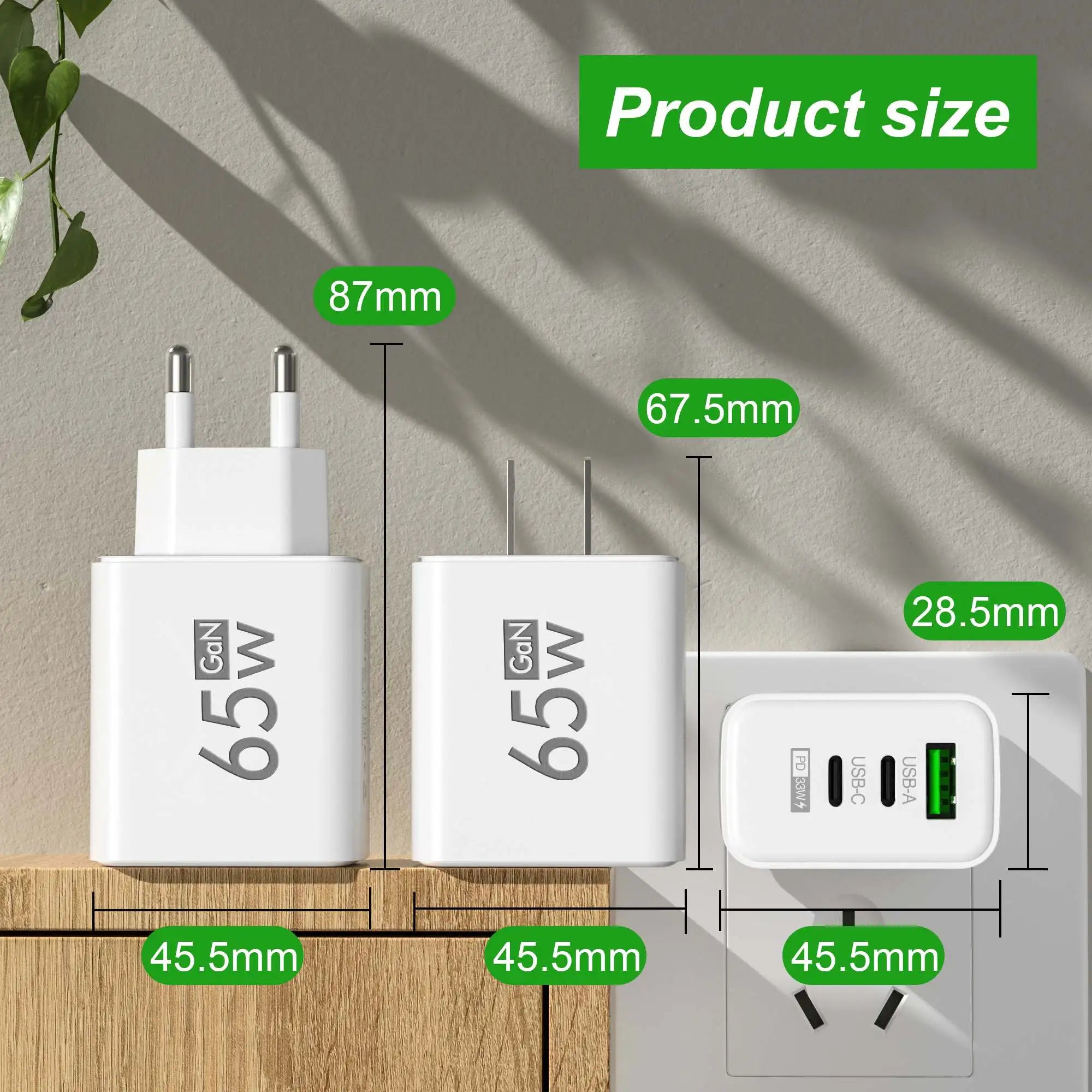 65W GaN USB C Fast Charger with Power Delivery - 3 Port PD Adapter for MacBook, iPhone, Samsung
