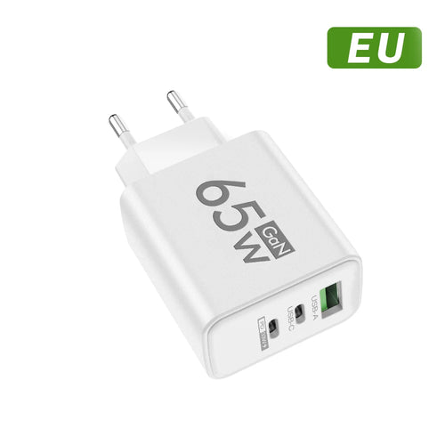 65W GaN USB C Fast Charger with Power Delivery - 3 Port PD Adapter for MacBook, iPhone, Samsung
