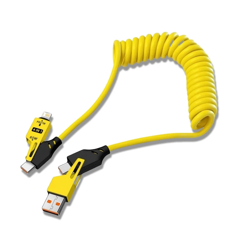 65W 4-in-1 Retractable Cable - Spring Design for Tangle-Free Charging (USB C/Micro/Lightning)
