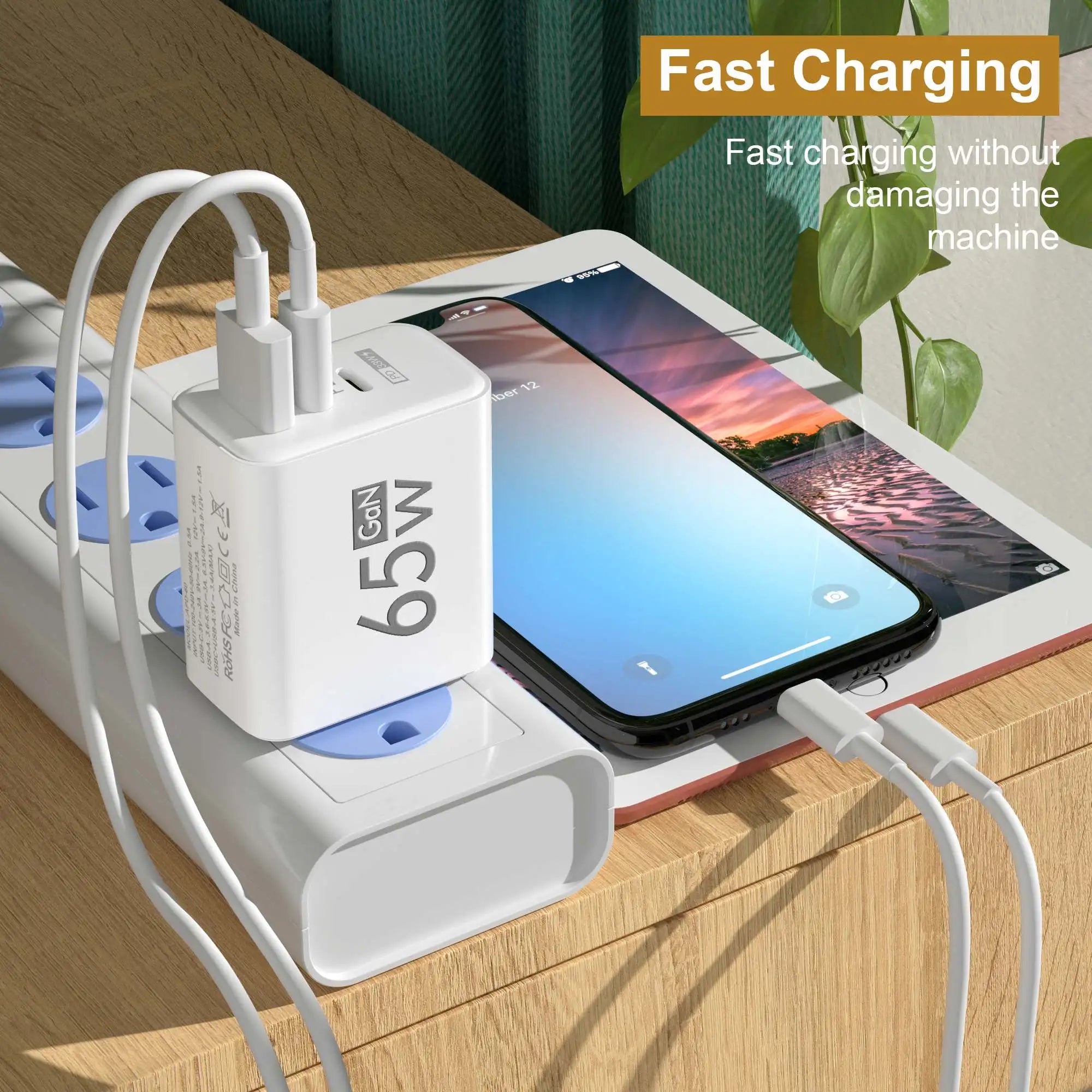 65W GaN USB C Fast Charger with Power Delivery - 3 Port PD Adapter for MacBook, iPhone, Samsung