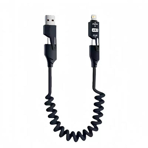 65W 4-in-1 Retractable Cable - Spring Design for Tangle-Free Charging (USB C/Micro/Lightning)
