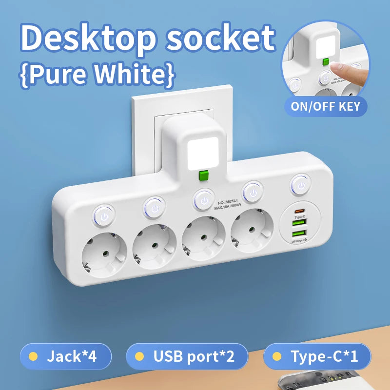 Smart 4-Socket EU Power Strip - with USB Charging, Individual Switches & Wall Mountable Design