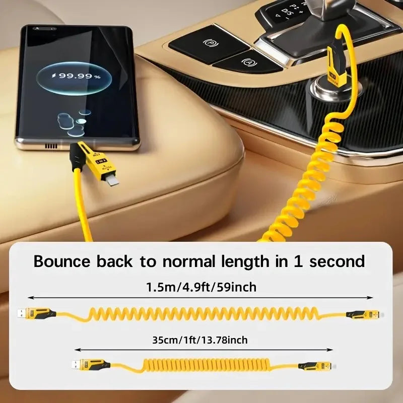 65W 4-in-1 Retractable Cable - Spring Design for Tangle-Free Charging (USB C/Micro/Lightning)
