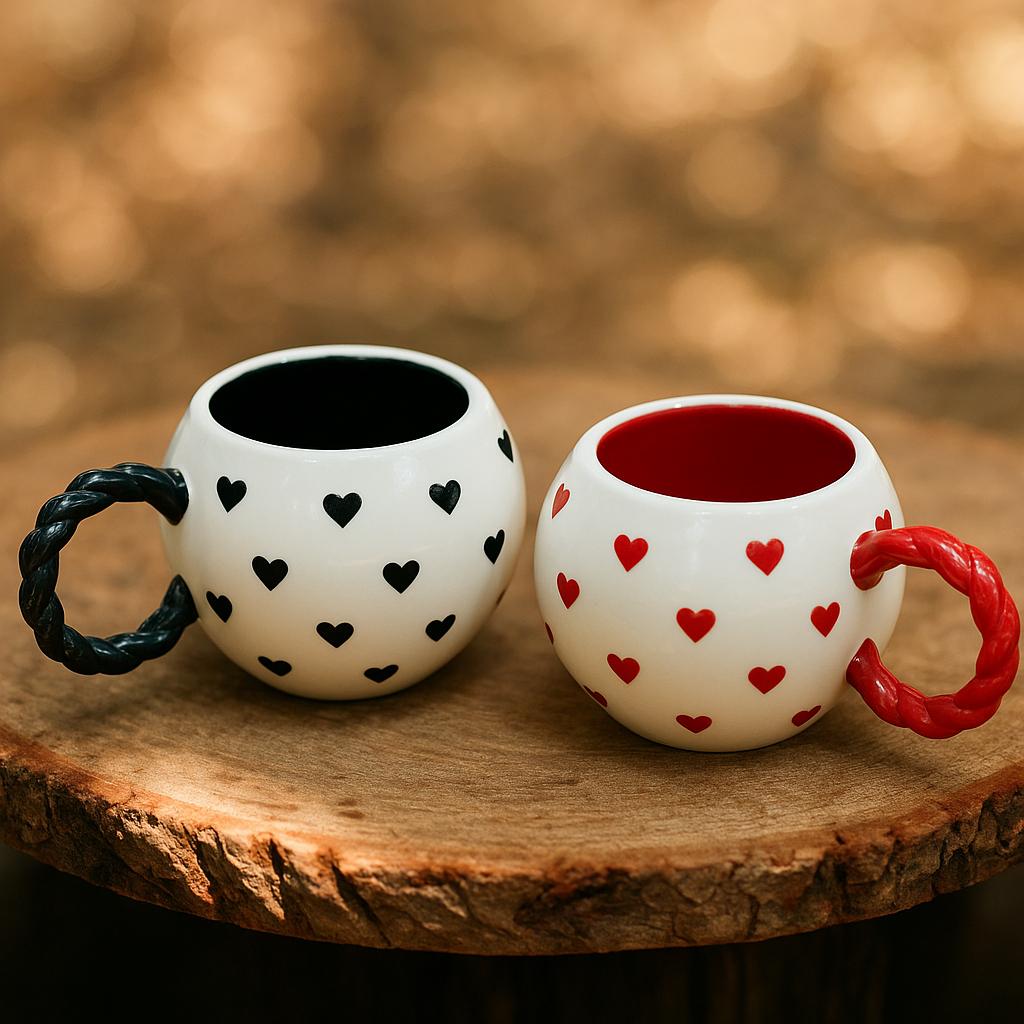 Set of 2 Embossed Heart Mugs | Handmade Ceramic Coffee Cups