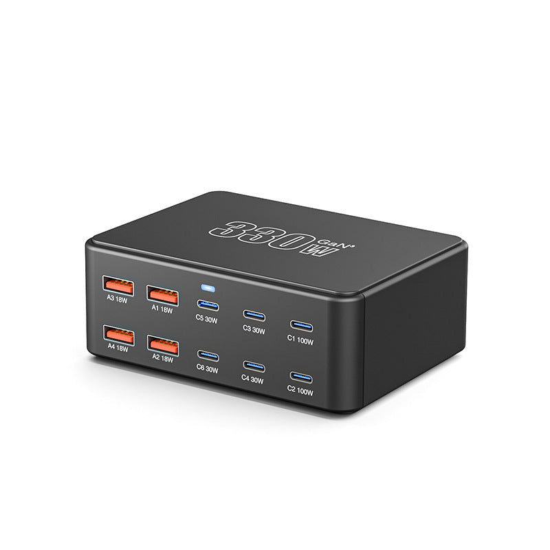 330W USB Charging station with 10 Ports, PD 100W, 65W, 45W, 30W, 20W, 18W, USB-C GaN III Charger, Fast charger for Laptop und Smartphone, MacBook Pro/Air, Dell XPS, Hp, iPhone, Samsung Galaxy S23,S24,S25
